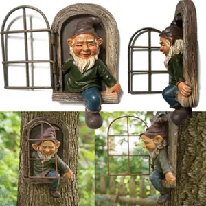 Cute garden gnome tree hugger outdoor resin peeping elf window sculpture yard art decor