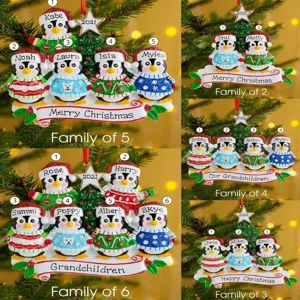Cute Cartoon Penguin Family Resin Christmas Tree Hanging Ornament Festive Holiday Party Home Decor Craft Pendant Gift