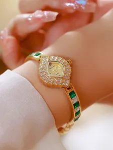 Vintage forest green crystal quartz watch for women, elegant shield dial luxury wrist watch.