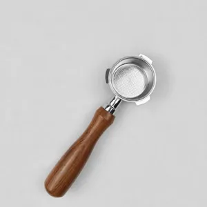 Replacement 51mm bottomless coffee portafilter with wooden handle for espresso machines.