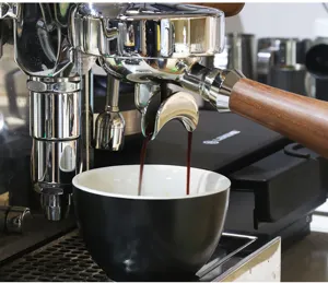 Edelstahl 58mm Kaffeemaschinen Siebträger mit Massivholzgriff und Doppelauslauf.