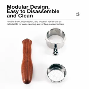 51mm coffee bottomless portafilter detachable parts handle and filter basket detail view.