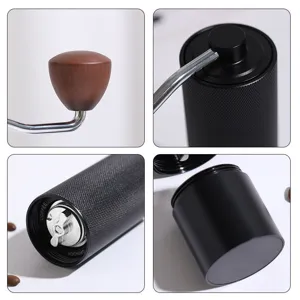 Manual coffee grinder detail view, portable hand coffee mill with CNC steel core, wooden handle.