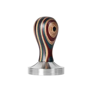 Pressino per caffe in acciaio inox con manico in legno colorato per macchina espresso.