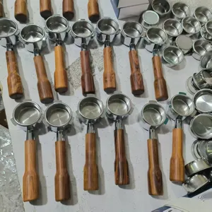 Stainless steel coffee bottomless portafilter with solid wood handle and extra filter basket