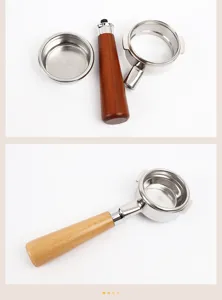 Stainless steel 58mm espresso coffee portafilter with solid wood handle, disassembled view.