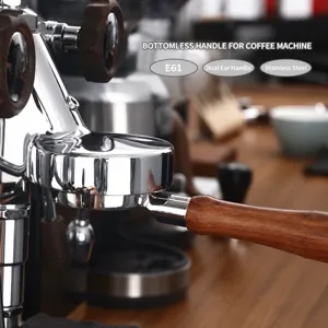 Bodenloser Kaffeefilterträger 58mm E61 Espressomaschine Griff aus Edelstahl und Holz