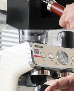 Detailed view of professional coffee distributor and tamper set in use on espresso machine.