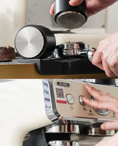 Coffee distributor and tamper 2-in-1 tool with metal base for espresso preparation.