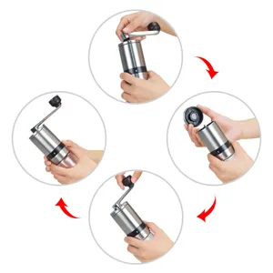 Detailed view showing how to operate and adjust the manual stainless steel coffee grinder.