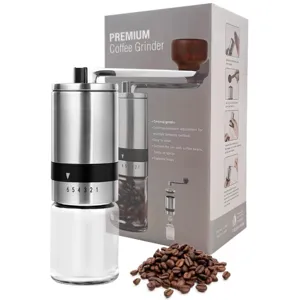 Stainless steel manual coffee grinder with glass jar, hand crank and adjustable settings.