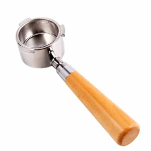 Stainless steel coffee portafilter with ergonomic wooden handle for home espresso machine use.