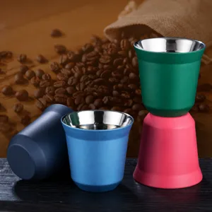 Double layer stainless steel insulated coffee cup set, colorful portable tea cup for travel.