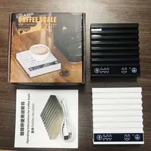 Vista dettagliata del set di bilance da caffè elettroniche mini con unità e accessori.
