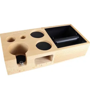 Solid wood coffee tamper station with knock box, multi-functional espresso holder base.