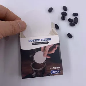 Round coffee filter paper 58mm detail view showing high quality material and packaging box display