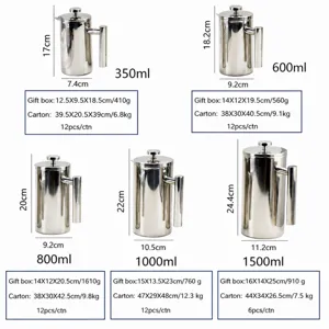Caffettiera French Press in acciaio inox tabella taglie con capacità e specifiche