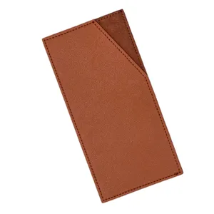 Close-up detail of the brown PU leather envelope wallet, showing fine stitching and slim design.