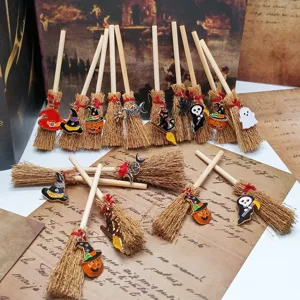 Mini Halloween Witch Broom Hanging Ornament Wooden Craft Pumpkin Ghost Pendant Festival Car Interior Decor