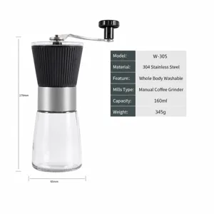 Macinacaffe manuale con corpo in acciaio inossidabile e contenitore in vetro per cucina