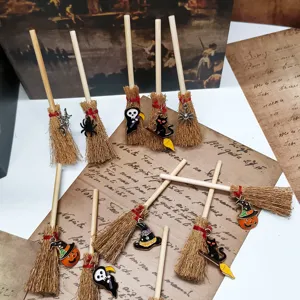Mini witch broom charm detail close-up, Halloween decor DIY craft wooden accessory pendant.