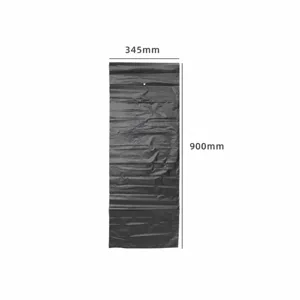 Detailed view of large black plastic garbage bag with dimension specs 345x900mm for commercial bins.