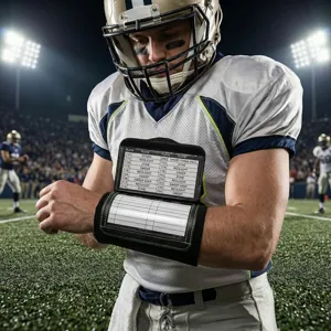 Gros plan sur le bracelet tactique de football avec pochette playbook, accessoire sportif robuste.
