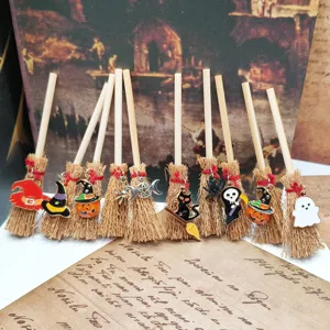 Mini witch broom Halloween hanging ornaments DIY wooden crafts set with cute charms for car decor.