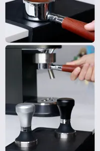 Detailansicht von Espresso Kaffeetamper und Siebträger Set mit Holzgriff für die Barista.
