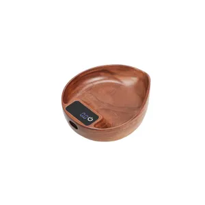 Walnut wood electronic coffee bean scale with digital display bowl design for brewing.
