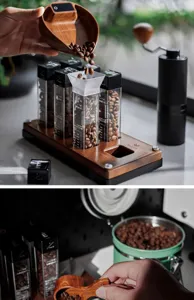 Walnut coffee bean dosing tubes set with digital weighing scale tray for espresso.