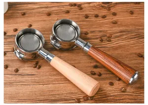 Stainless steel espresso bottomless portafilter with wooden handle for coffee machine detail view