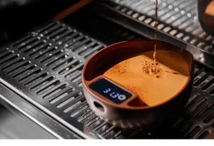 Walnut electronic coffee scale detail view showing precise digital weighing surface.
