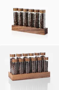 Support en bois tube en verre présentoir de grains de café détail, ensemble de tubes.