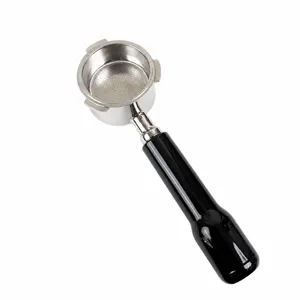Stainless steel coffee machine portafilter replacement part with black handle for espresso.