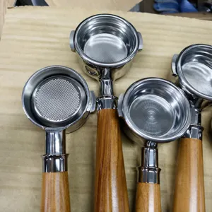 Stainless steel 304 coffee machine bottomless portafilter with solid wood handle replacement.