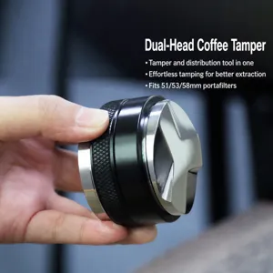 Detailed view of the dual-head coffee distributor and tamper, metal texture, precision craft.