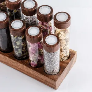 Support de présentation en tube de verre avec base en bois pour grains de café fleurs