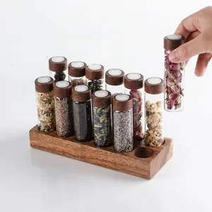 Support de présentation en tube à essai en verre et base en bois avec fleurs séchées