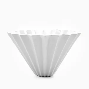 White ceramic coffee dripper cone pour over brewer with vertical ribs main view.