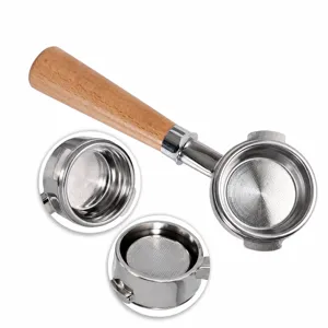 58mm espresso coffee portafilter with solid wood handle stainless steel double spout design.