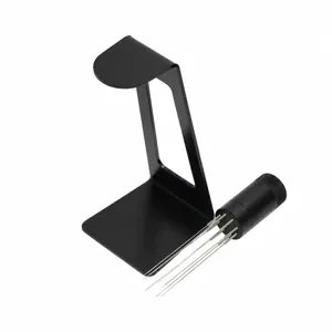 Espresso distribution tool set with fine stainless steel needles and desktop holder stand.