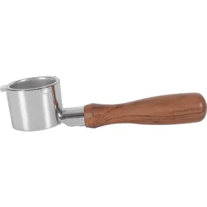 Replacement coffee machine portafilter with stainless steel basket and wooden handle.