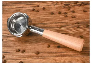 58mm espresso coffee machine portafilter with wooden handle stainless steel detail view