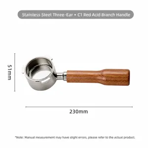 Stainless steel 51mm 3-ear bottomless coffee portafilter with red wood handle for espresso machine.