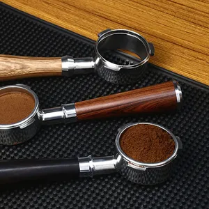 Espresso portafilter 58mm replacement handle with solid wood grip for coffee machine parts.