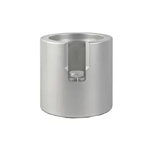 Aluminum coffee tamper stand detail view, showing the adjustable vertical slot and metal screw.