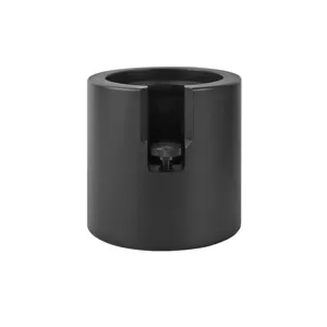Detail view of black aluminum alloy coffee tamper holder base with vertical slot and screw.