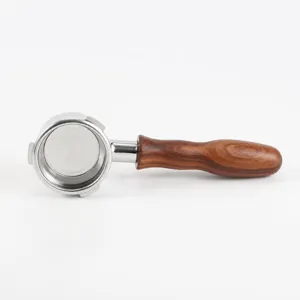 58mm 3-ear coffee portafilter with solid wood handle and stainless steel filter basket.