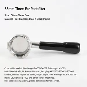 Detailed view of the 58mm 3-ear espresso machine portafilter with black plastic handle.